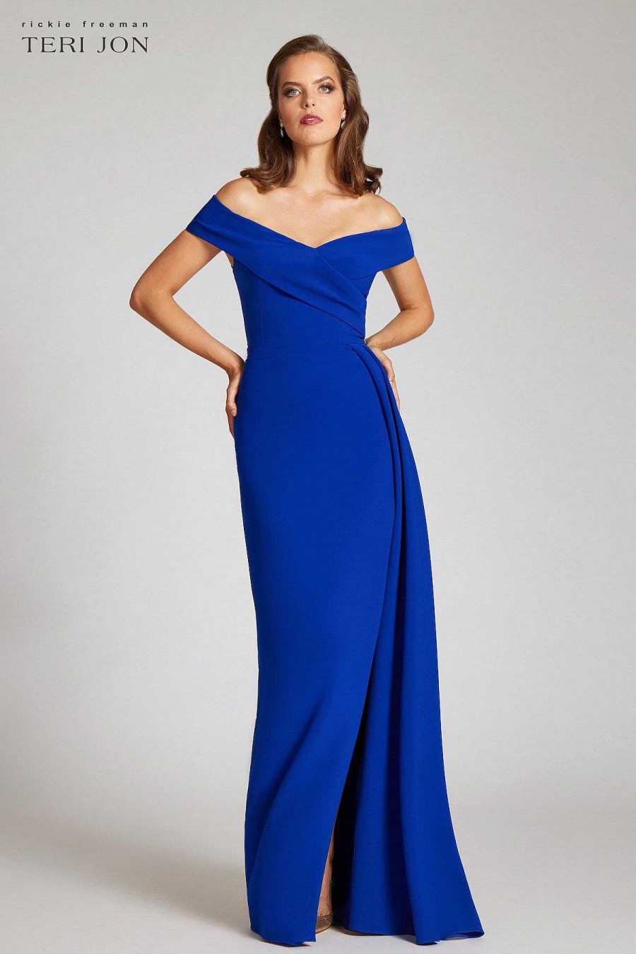 Clothing Teri Jon | Crepe Off Shoulder Portrait Side Drape Gown