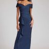 Clothing Teri Jon | Jacquard Off Shoulder Portrait Gown With Cascade Side Sapphire Black