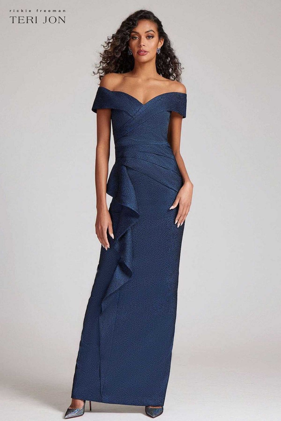 Clothing Teri Jon | Jacquard Off Shoulder Portrait Gown With Cascade Side Sapphire Black