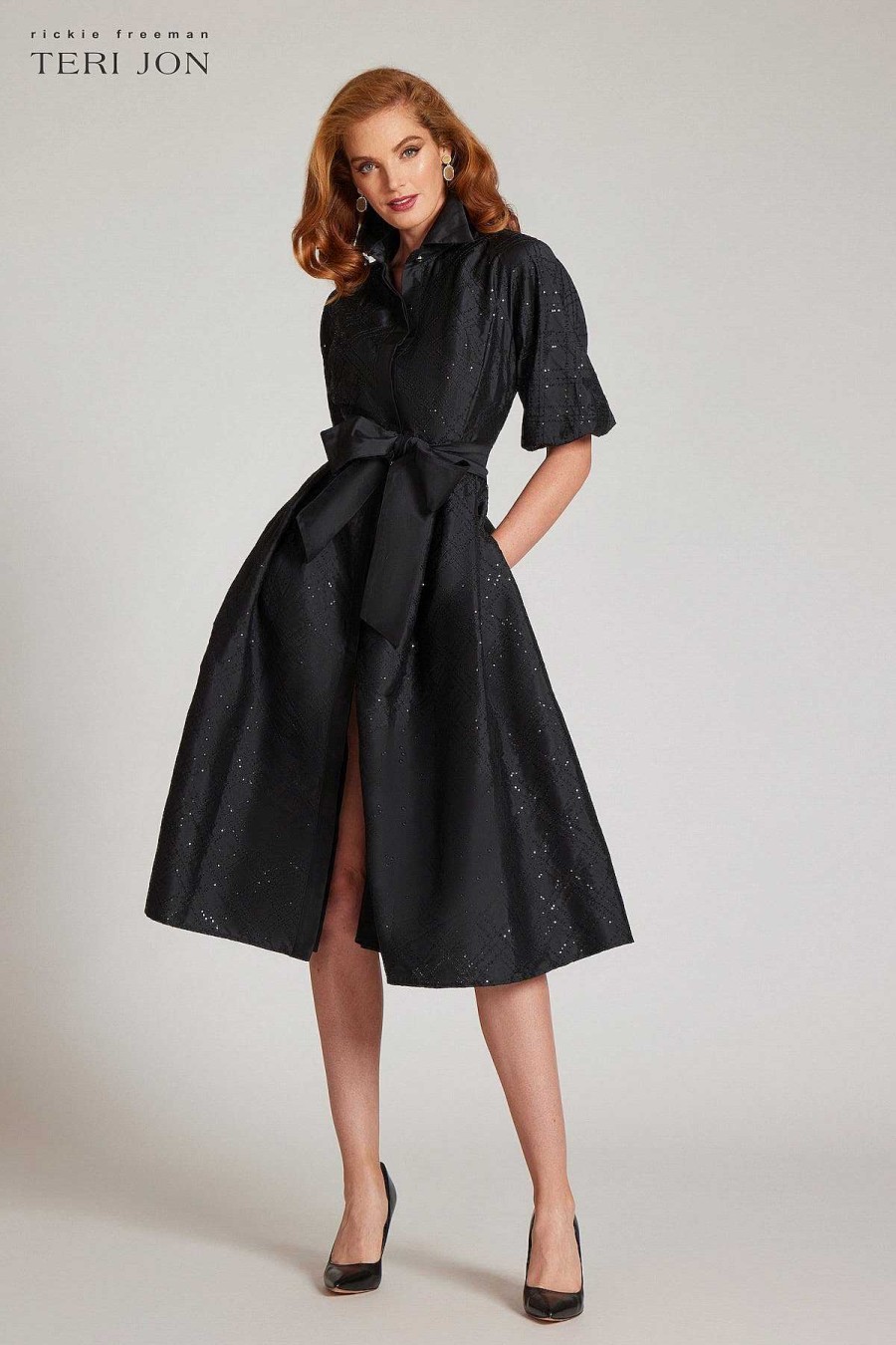 Clothing Teri Jon | Taffeta Sequin Embellished Puff Sleeve Dress Black