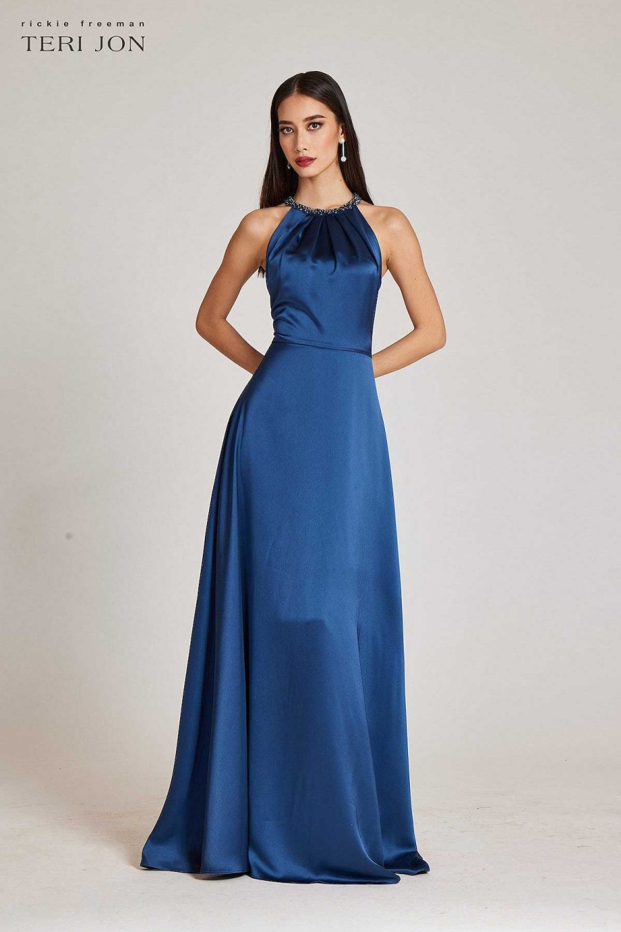 Clothing Teri Jon | Crepe Back Satin Jewel Neck Halter Gown French Blue