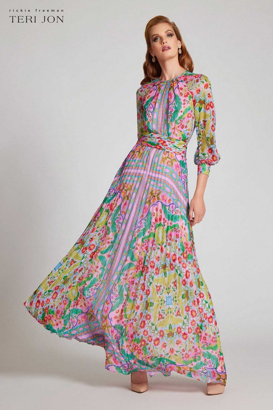 Clothing Teri Jon | Patchwork Printed Chiffon Pleated Gown Pink Multi