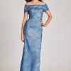 Clothing Teri Jon | Off Shoulder Metallic Jacquard Swirl Pattern Blue Multi