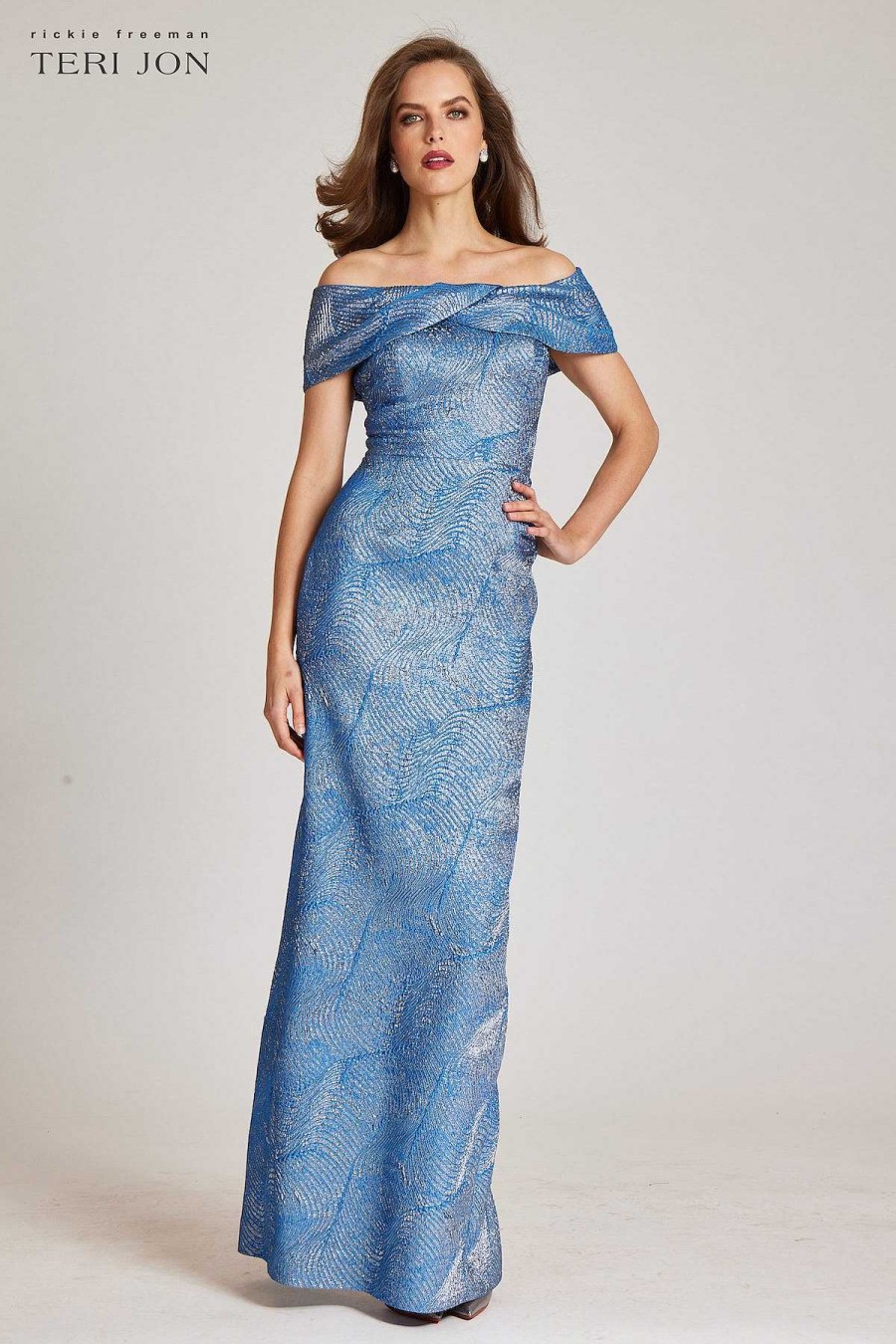 Clothing Teri Jon | Off Shoulder Metallic Jacquard Swirl Pattern Blue Multi