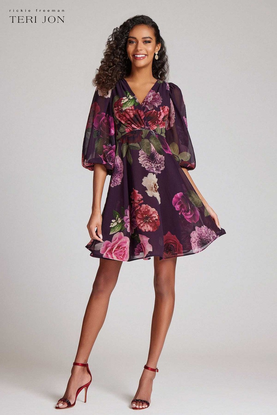 Clothing Teri Jon | Chiffon Floral Print V Neckline Empire Aline Dress Plum Multi