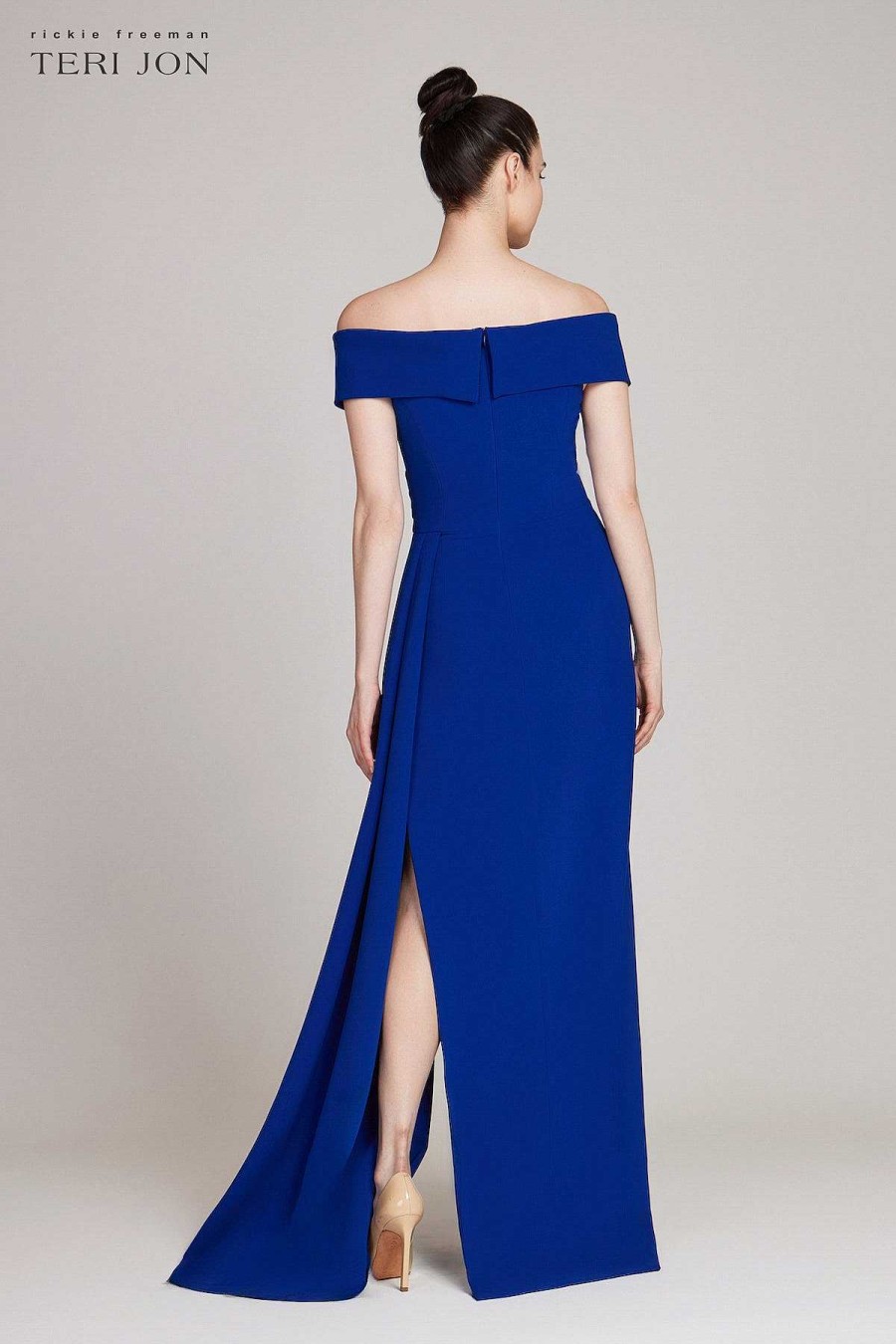 Clothing Teri Jon | Crepe Off Shoulder Portrait Side Drape Gown