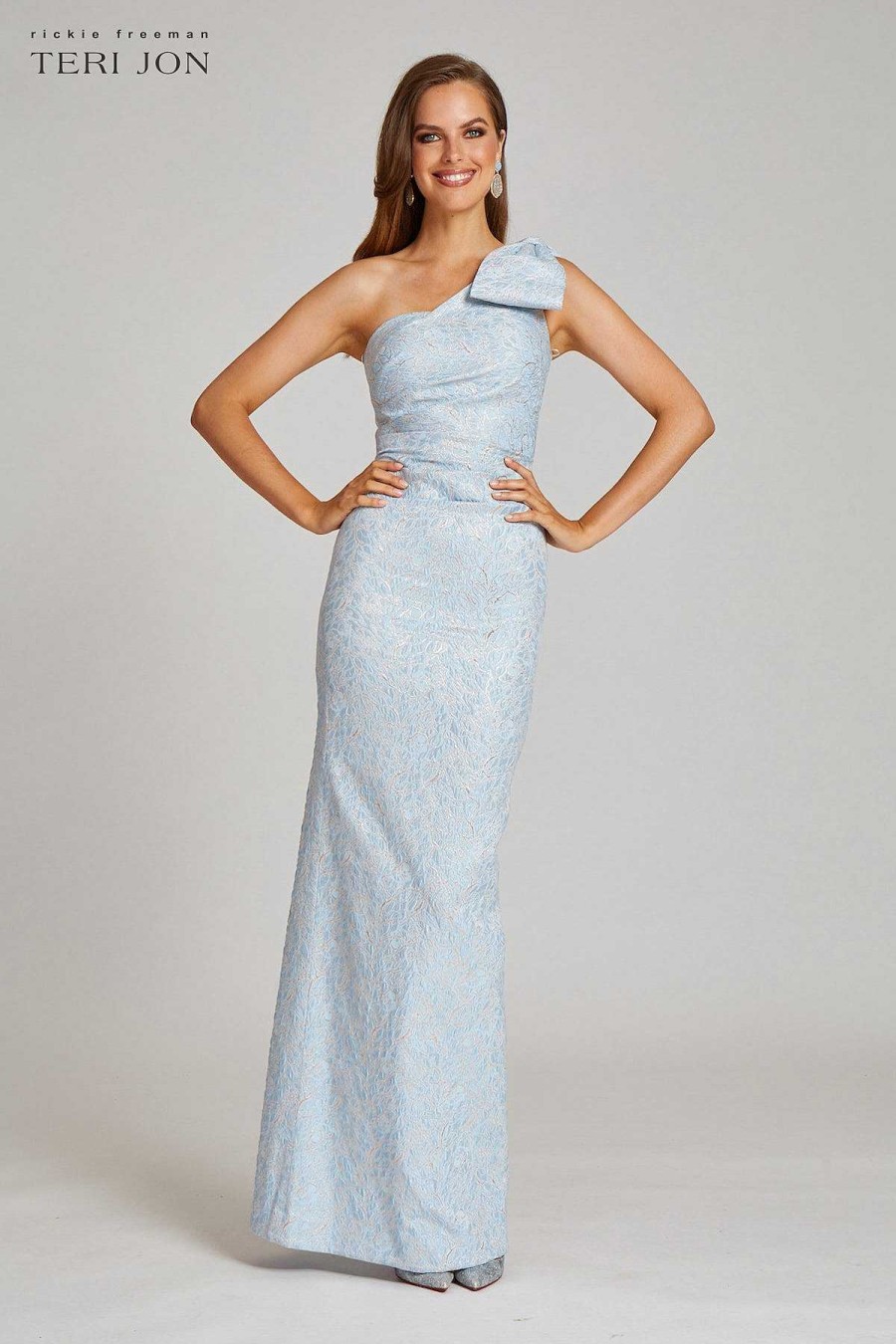 Clothing Teri Jon | One Shoulder With Bow Stretch Jacquard Column Gown Light Blue