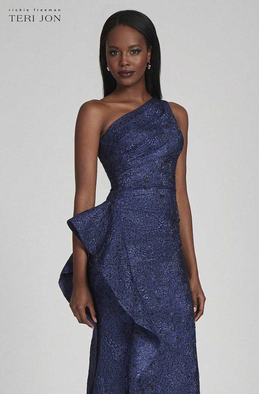 Clothing Teri Jon | Jacquard One Shoulder Side Ruffle Gown