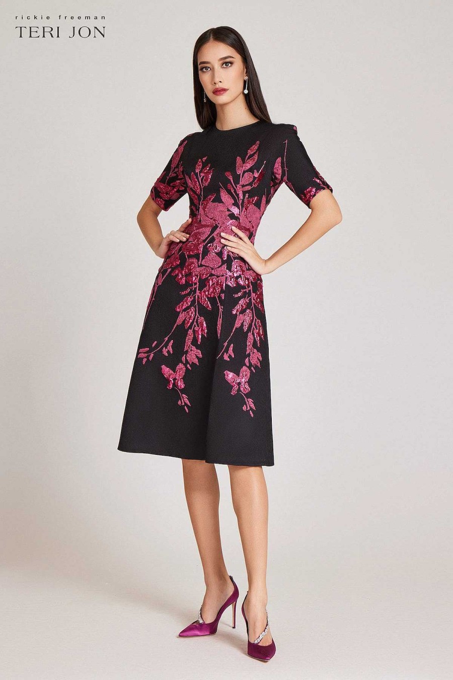 Clothing Teri Jon | Metallic Jacquard Border Pattern Fit N Flare Dress Black Fuchsia