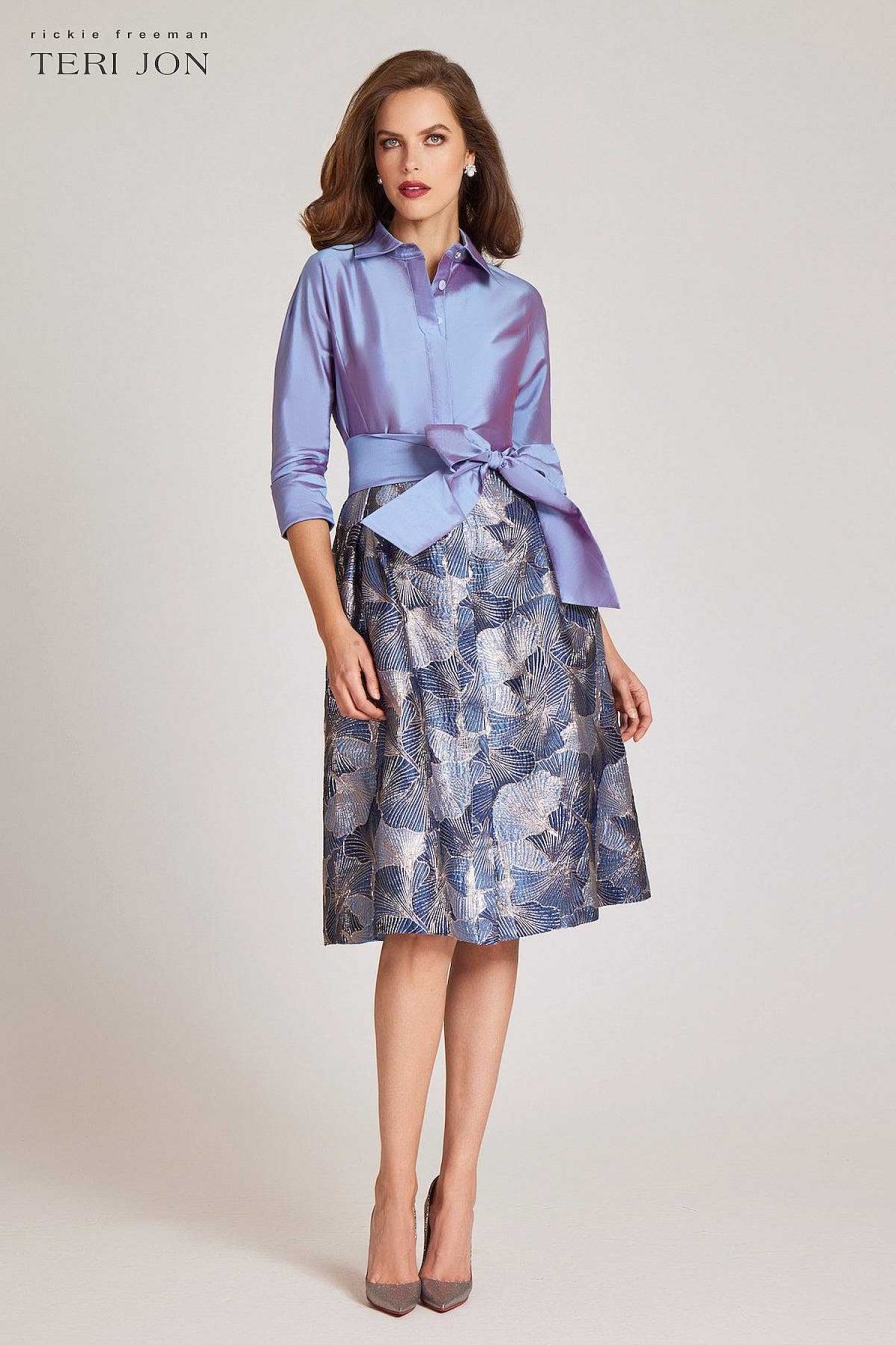 Clothing Teri Jon | Shirt Dress Taffeta Top With Jacquard Skirt Steel Multi