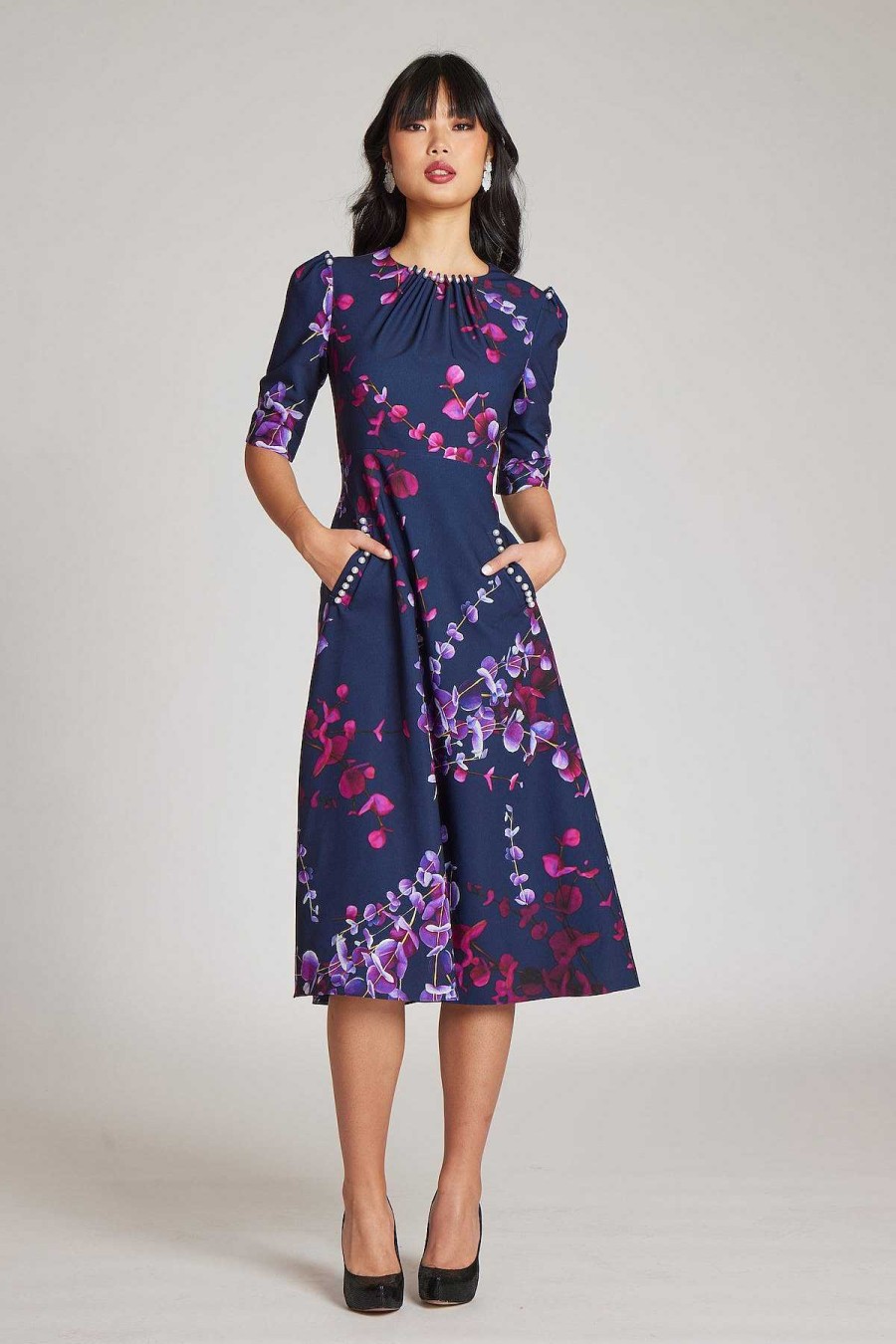 Clothing Teri Jon | Floral Printed Scuba Jewel Neckline Dress Navy Multi