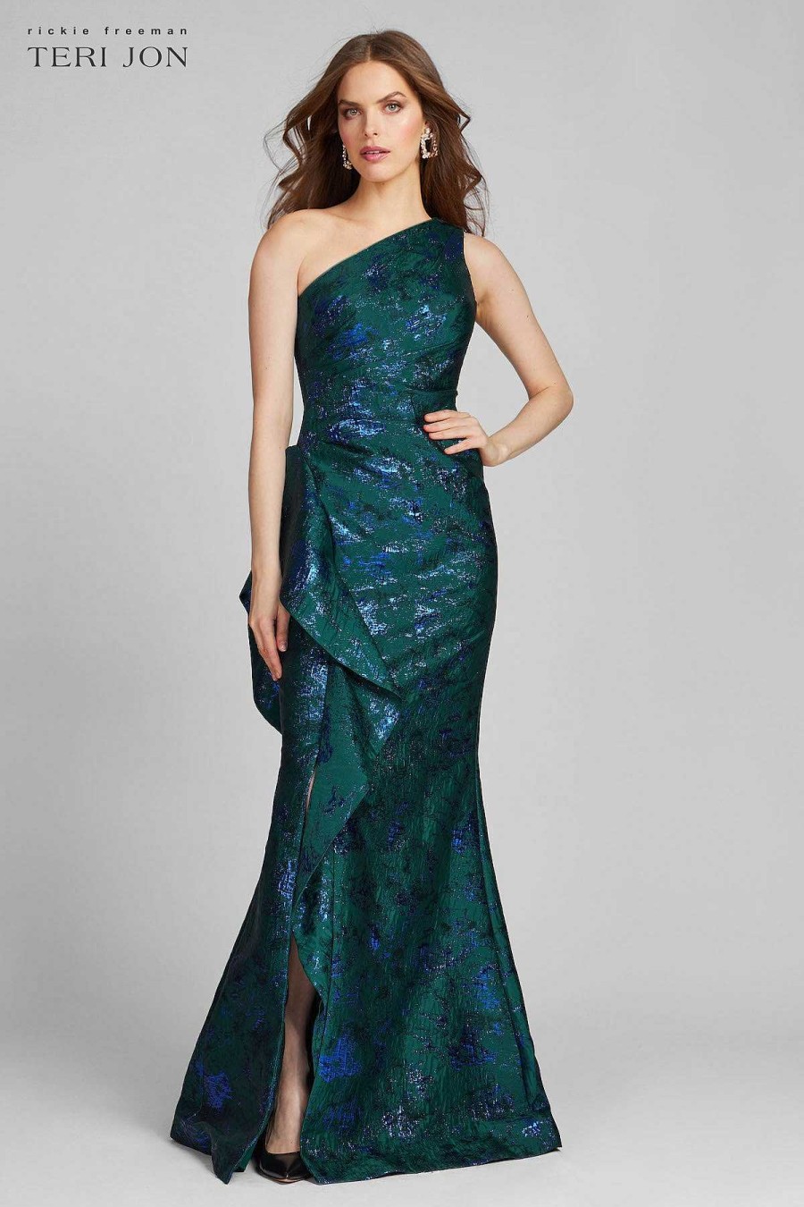 Clothing Teri Jon | Jacquard One Shoulder Side Ruffle Gown