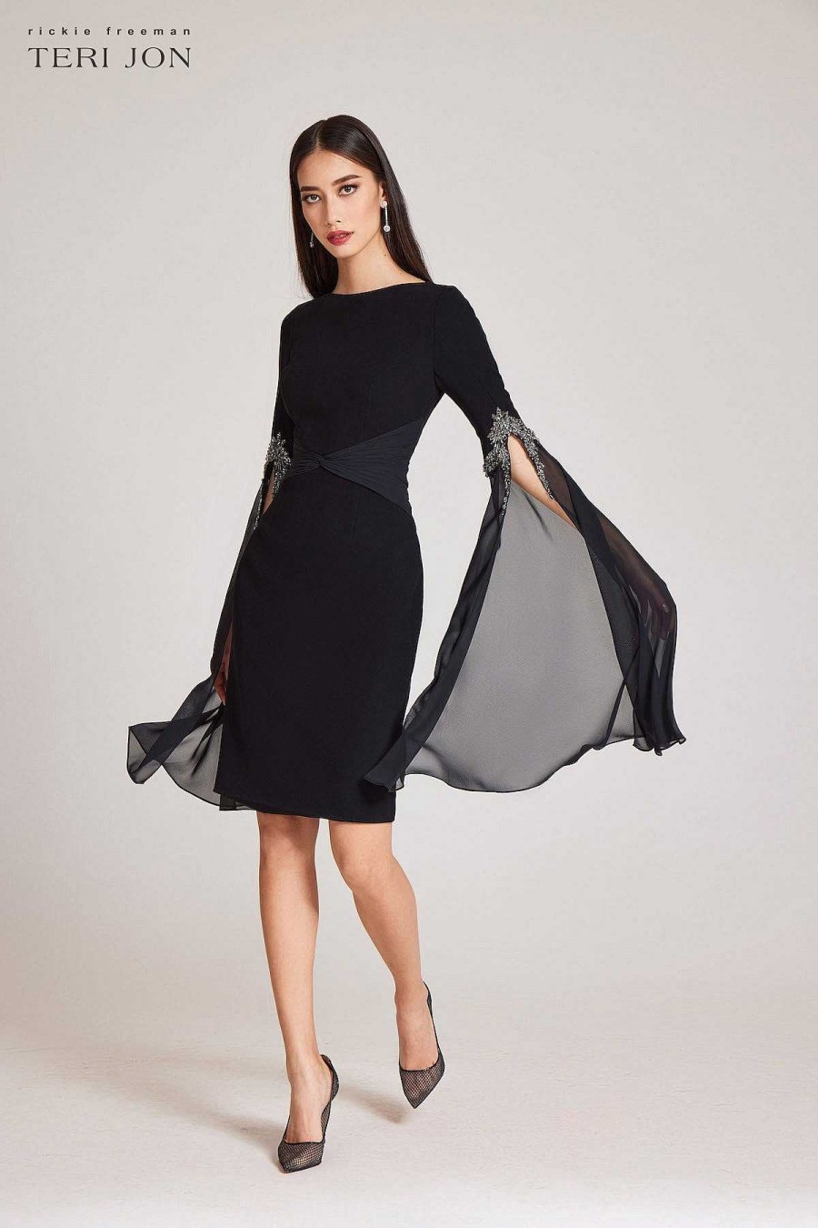 Clothing Teri Jon | Crepe Cocktail Dress With Chiffon Sleeves Black