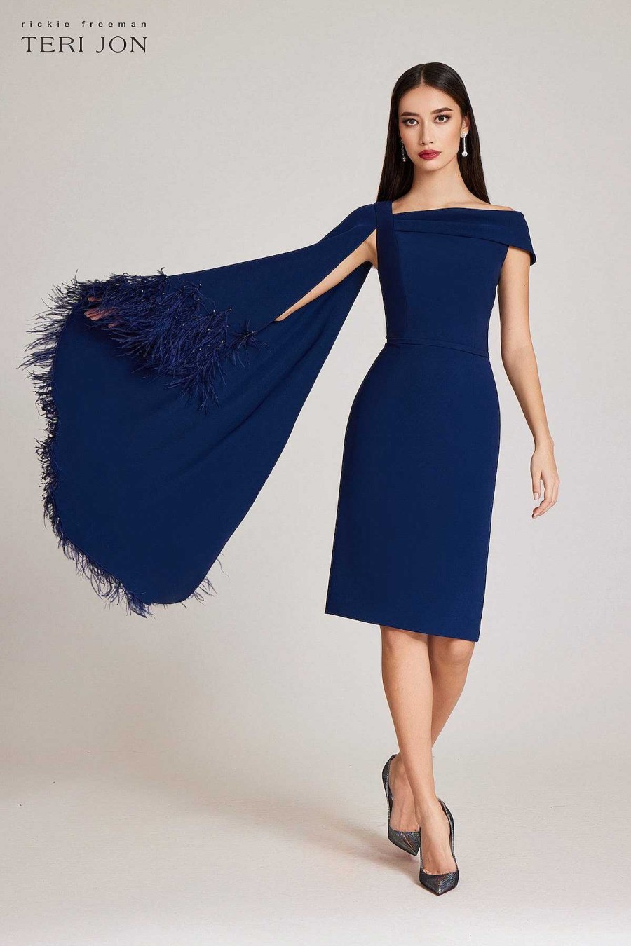 Clothing Teri Jon | Crepe Off Shoulder Portrait One Side Feather Dress Navy