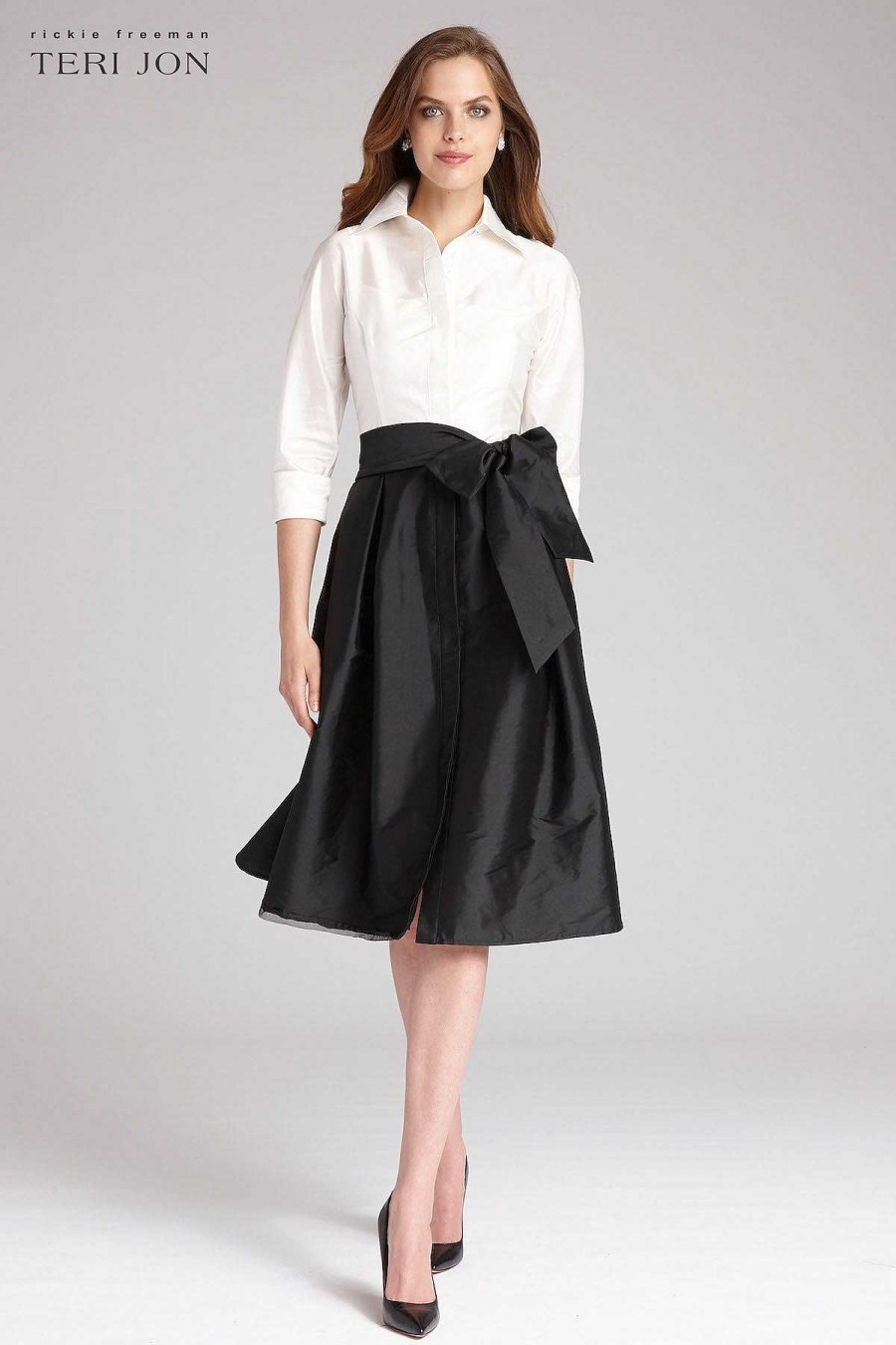 Clothing Teri Jon | Color Block Taffeta Shirtdress Black And White