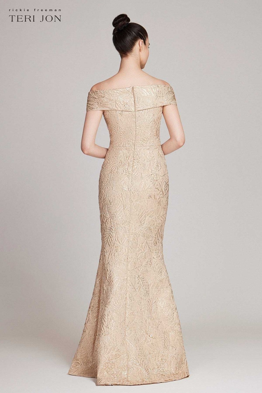 Clothing Teri Jon | Metallic Jacquard Portrait Collar Side Drape Gown Gold