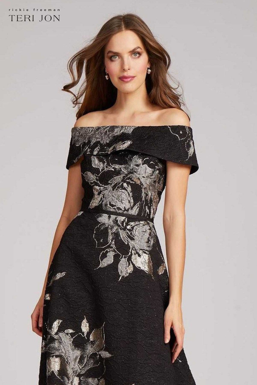 Clothing Teri Jon | Large Floral Pattern Jacquard Off The Shoulder Gown