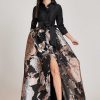 Clothing Teri Jon | Taffeta And Large Floral Metallic Jacquard Shirtdress Gown Black Multi