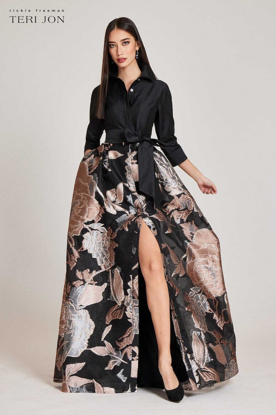 Clothing Teri Jon | Taffeta And Large Floral Metallic Jacquard Shirtdress Gown Black Multi