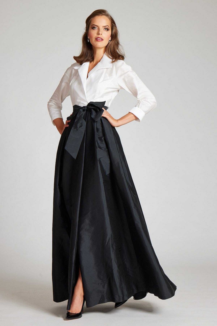 Clothing Teri Jon | Taffeta Shirt Waist Gown With Envelope Collar White Black