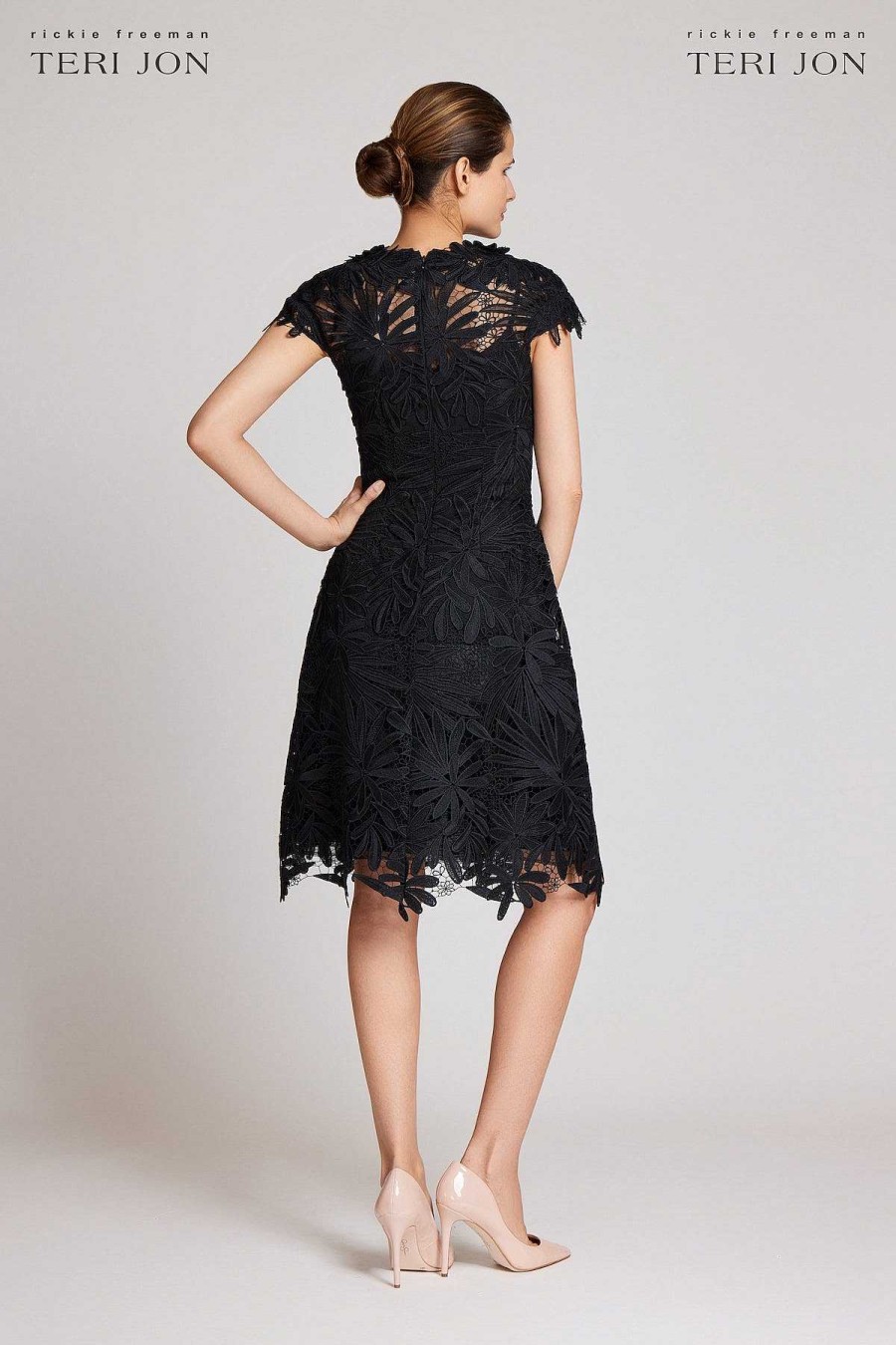 Clothing Teri Jon | 3D Lace Cap Sleeve Dress Black