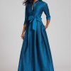 Clothing Teri Jon | Shirt Waist Taffeta Chevron Pattern Eyelet Gown