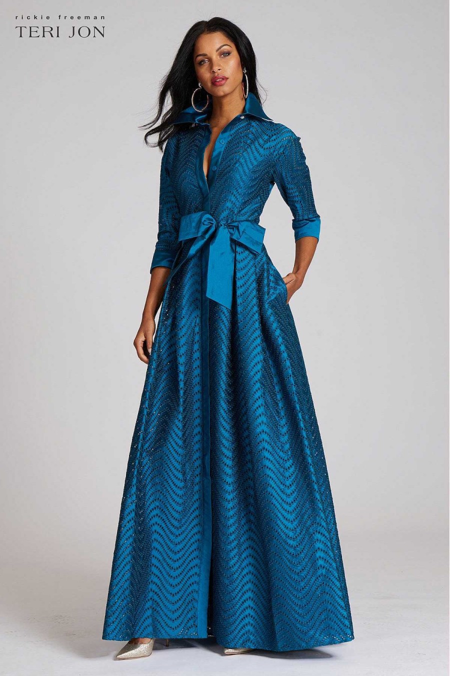 Clothing Teri Jon | Shirt Waist Taffeta Chevron Pattern Eyelet Gown