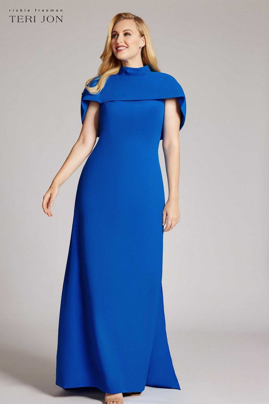 Clothing Teri Jon | Crepe Caplet Column Gown With Snap Off Train Azure