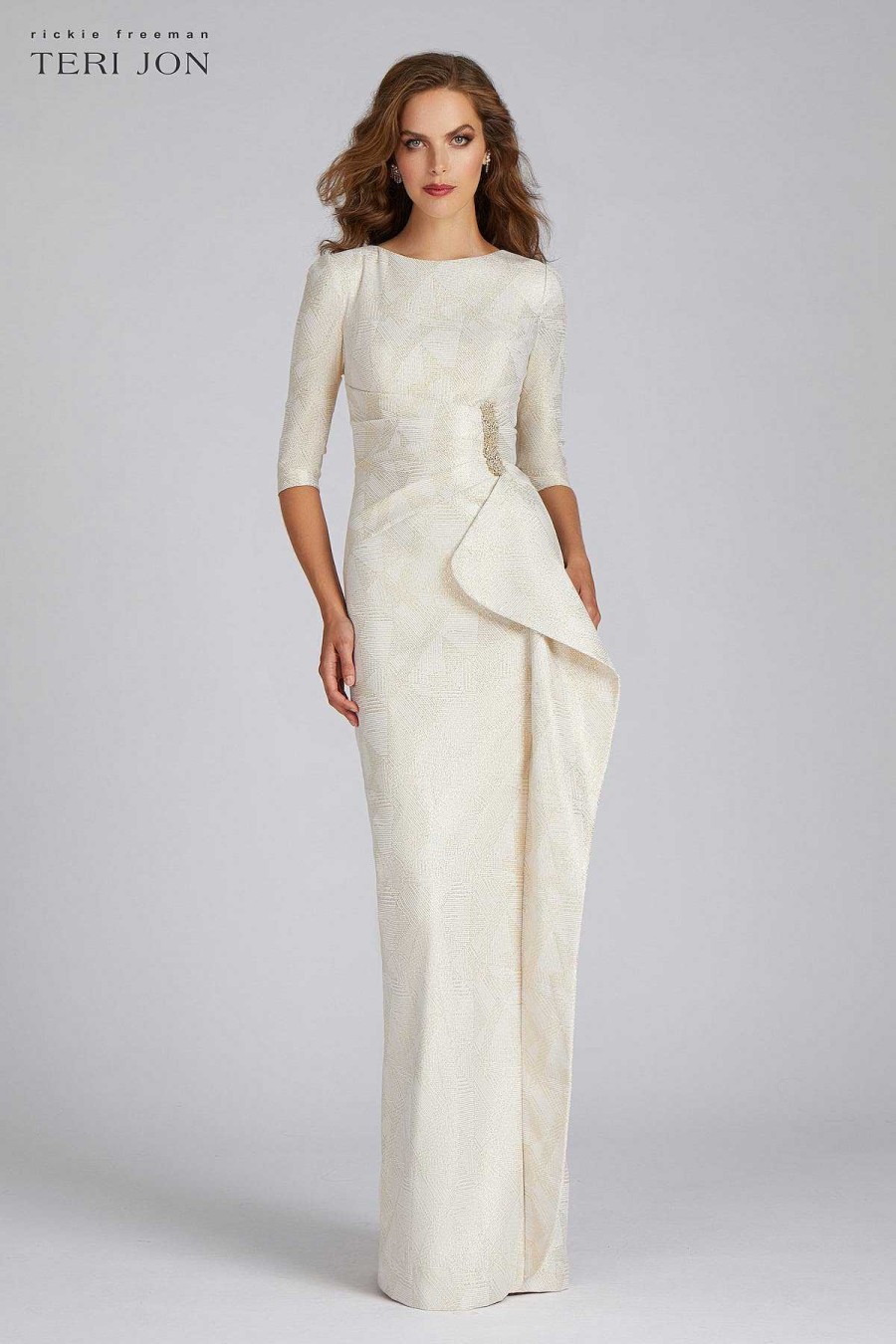 Clothing Teri Jon | Waist Bead Trim Cascade Drape Column Gown