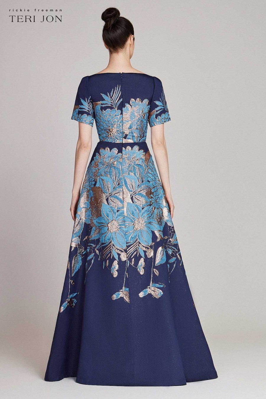 Clothing Teri Jon | Metallic Jacquard Fit N Flare Gown Navy Multi