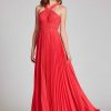 Clothing Teri Jon | Chiffon Crystal Accordian Pleated Twist Gown Tangerine