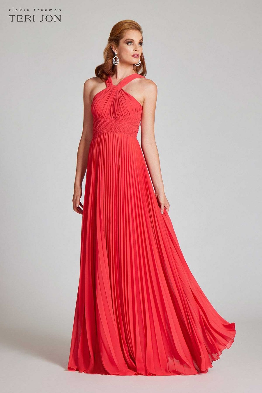 Clothing Teri Jon | Chiffon Crystal Accordian Pleated Twist Gown Tangerine