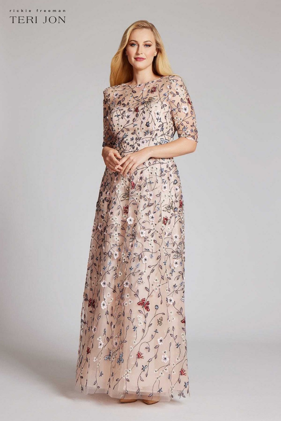 Clothing Teri Jon | Overlay Gown With 3D Embroidered Florals