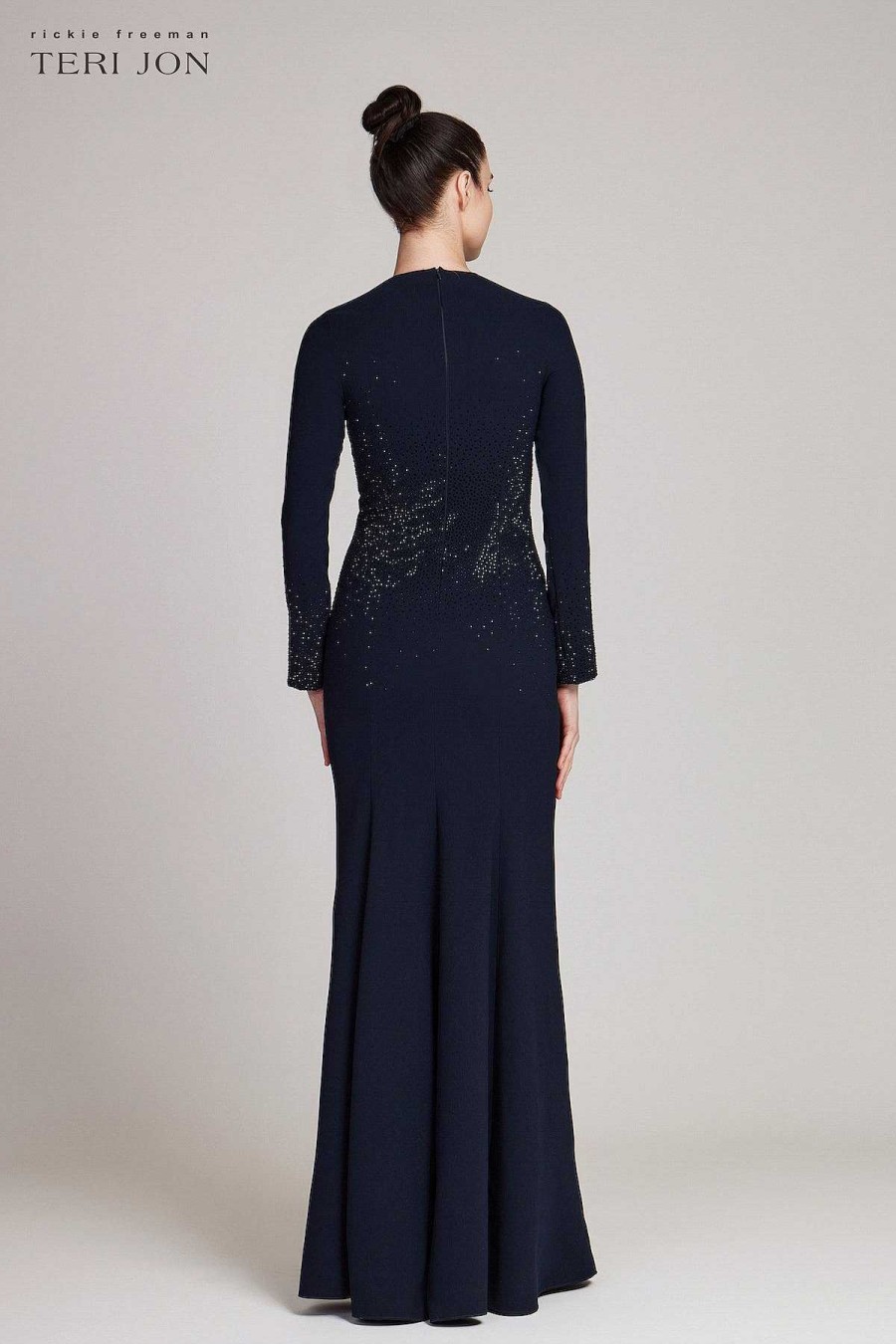 Clothing Teri Jon | Crepe Beaded Long Sleeve Gown Midnight