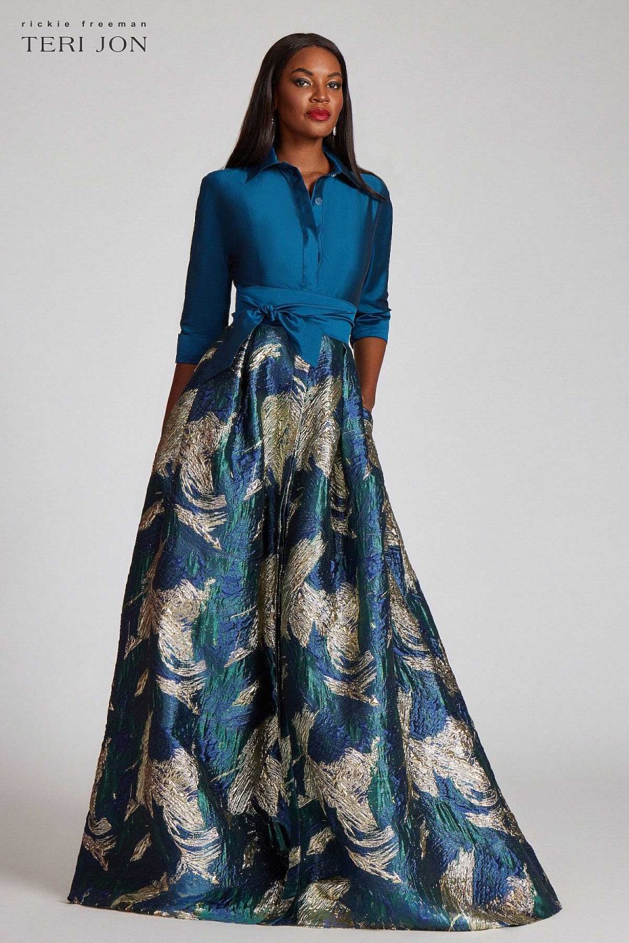 Clothing Teri Jon | Taffeta Shirtdress Gown With Metallic Jacquard Skirt Peacock Gold