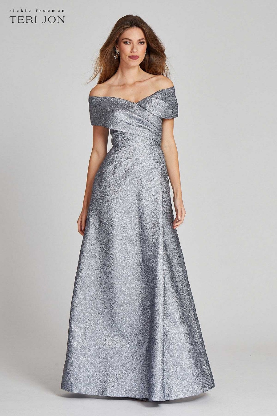 Clothing Teri Jon | Off The Shoulder Jacquard Gown Platinum