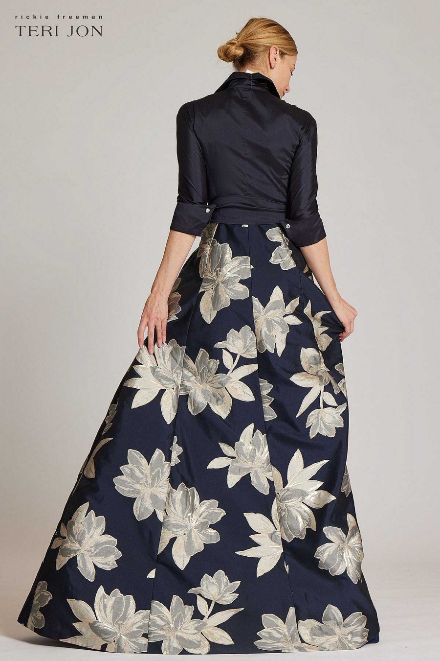 Clothing Teri Jon | Shirt Waist Jacquard Gown With Large Floral Print Skirt Navy Multi