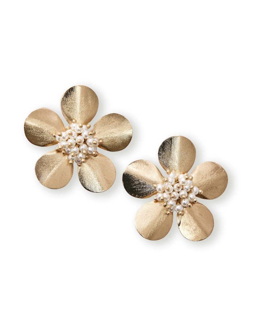 Accessories Teri Jon | Tropical Pearl Flower Earrings Gold