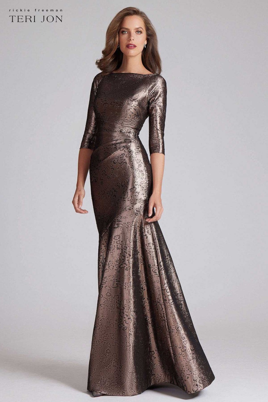 Clothing Teri Jon | Metallic Animal Pattern Side Drape Gown Bronze