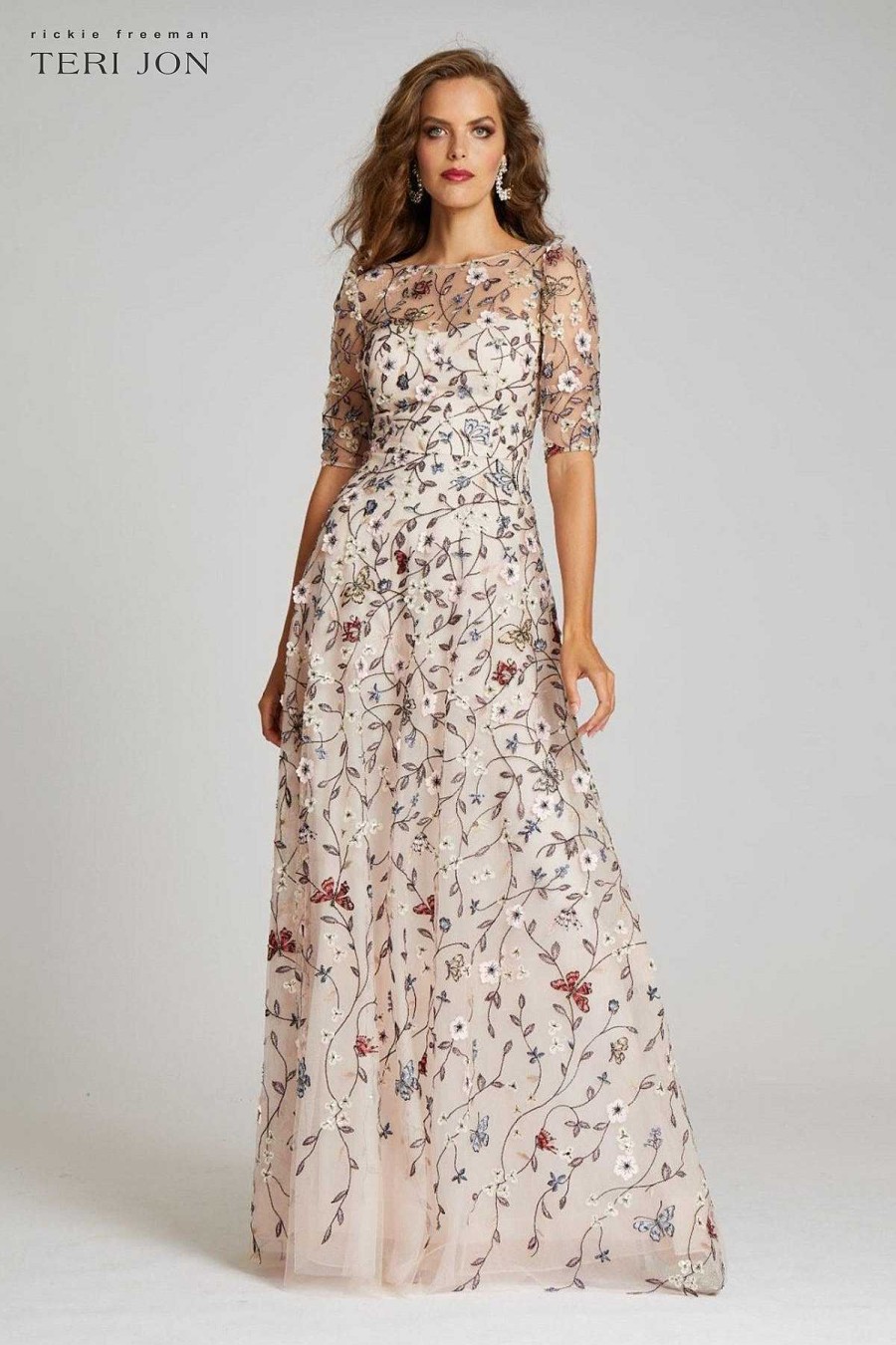 Clothing Teri Jon | Overlay Gown With 3D Embroidered Florals