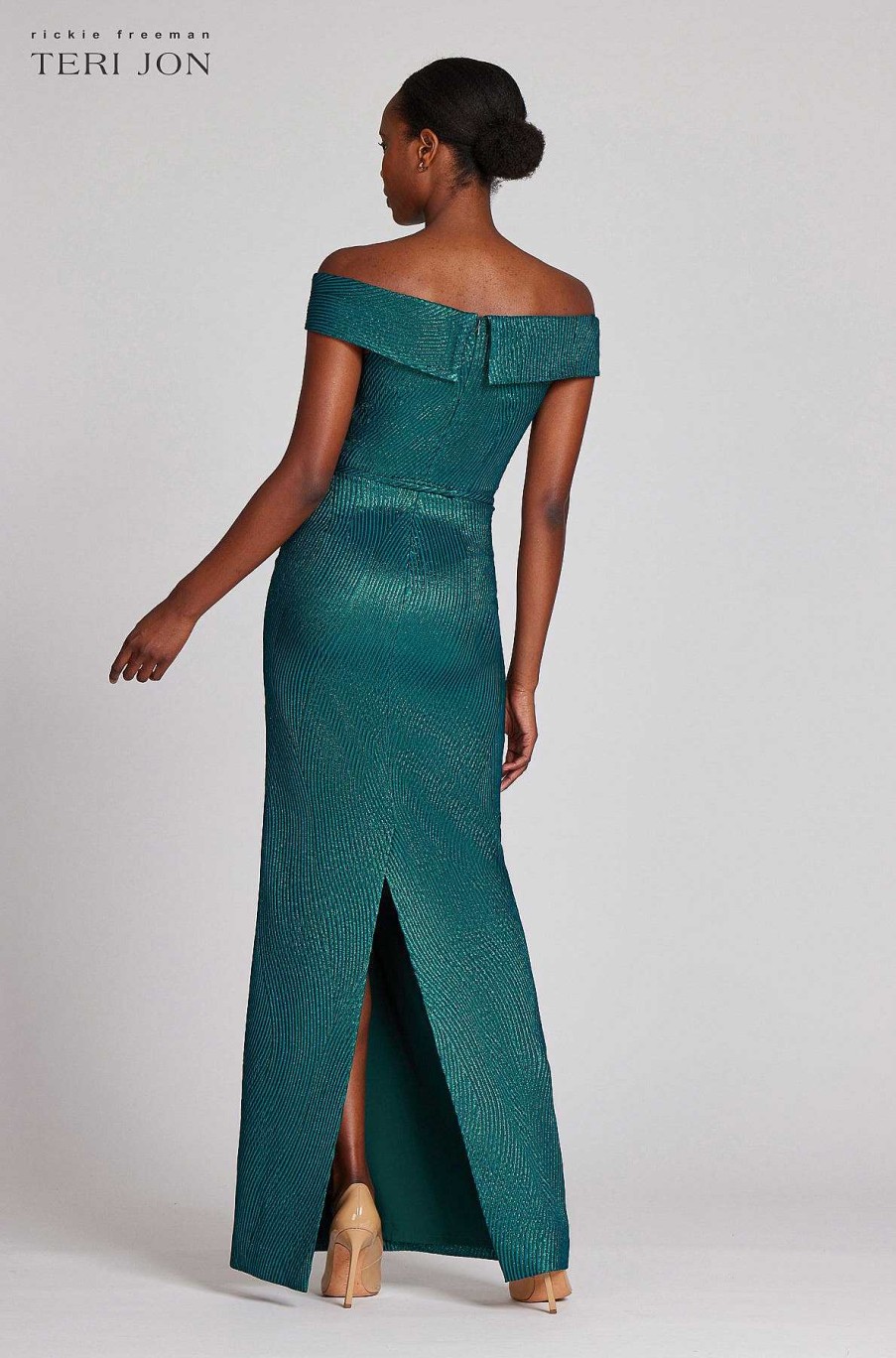 Clothing Teri Jon | Metallic Ribbed Jacquard Off Shoulder Gown