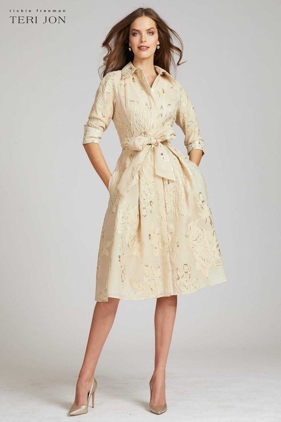 Clothing Teri Jon | Metallic Jacquard Shirt Dress With Floral Print