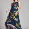 Clothing Teri Jon | Chiffon Large Floral Pleated Halter Gown Navy Multi