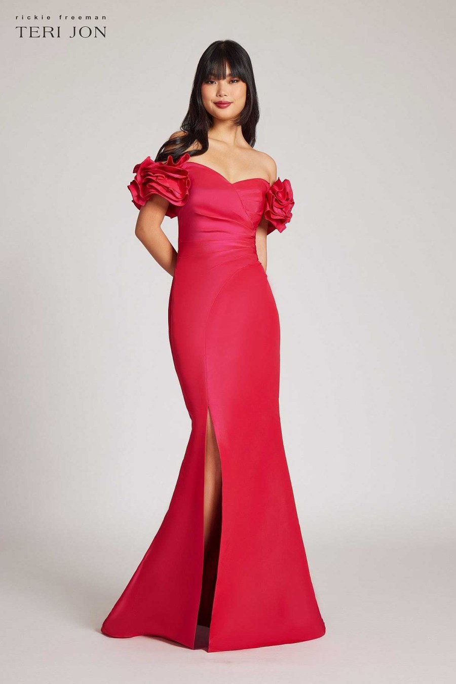 Clothing Teri Jon | Taffeta Ruffle Off Shoulder Gown With Godet Cherry