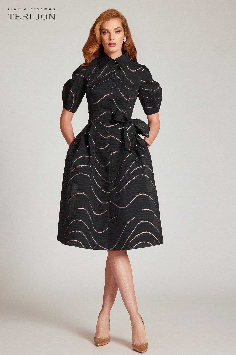 Clothing Teri Jon | Puff Sleeve Shirt Dress With Metallic Swirl Black Gold