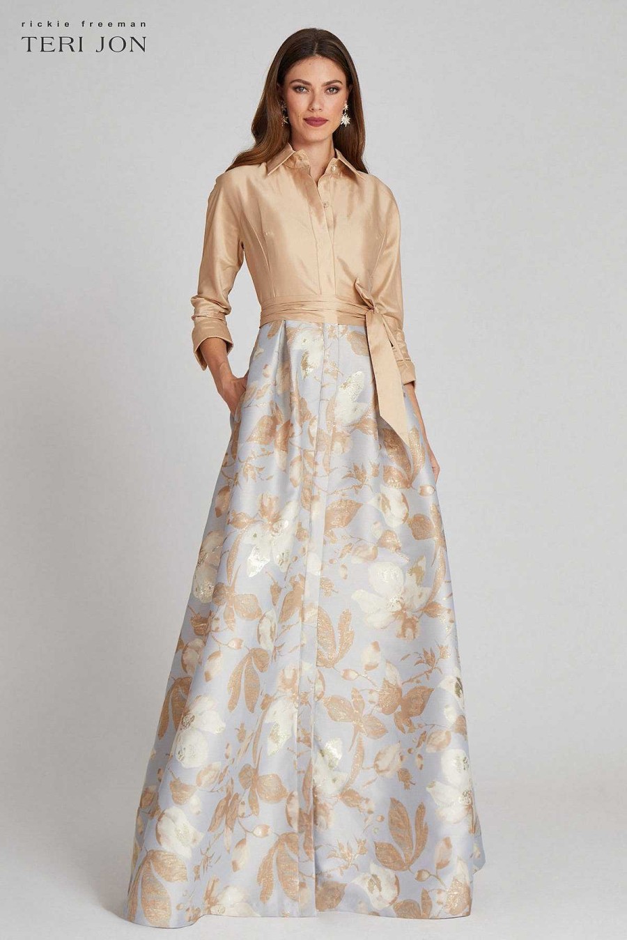 Clothing Teri Jon | Taffeta Shirt Gown With Jacquard Floral Skirt Gold Multi