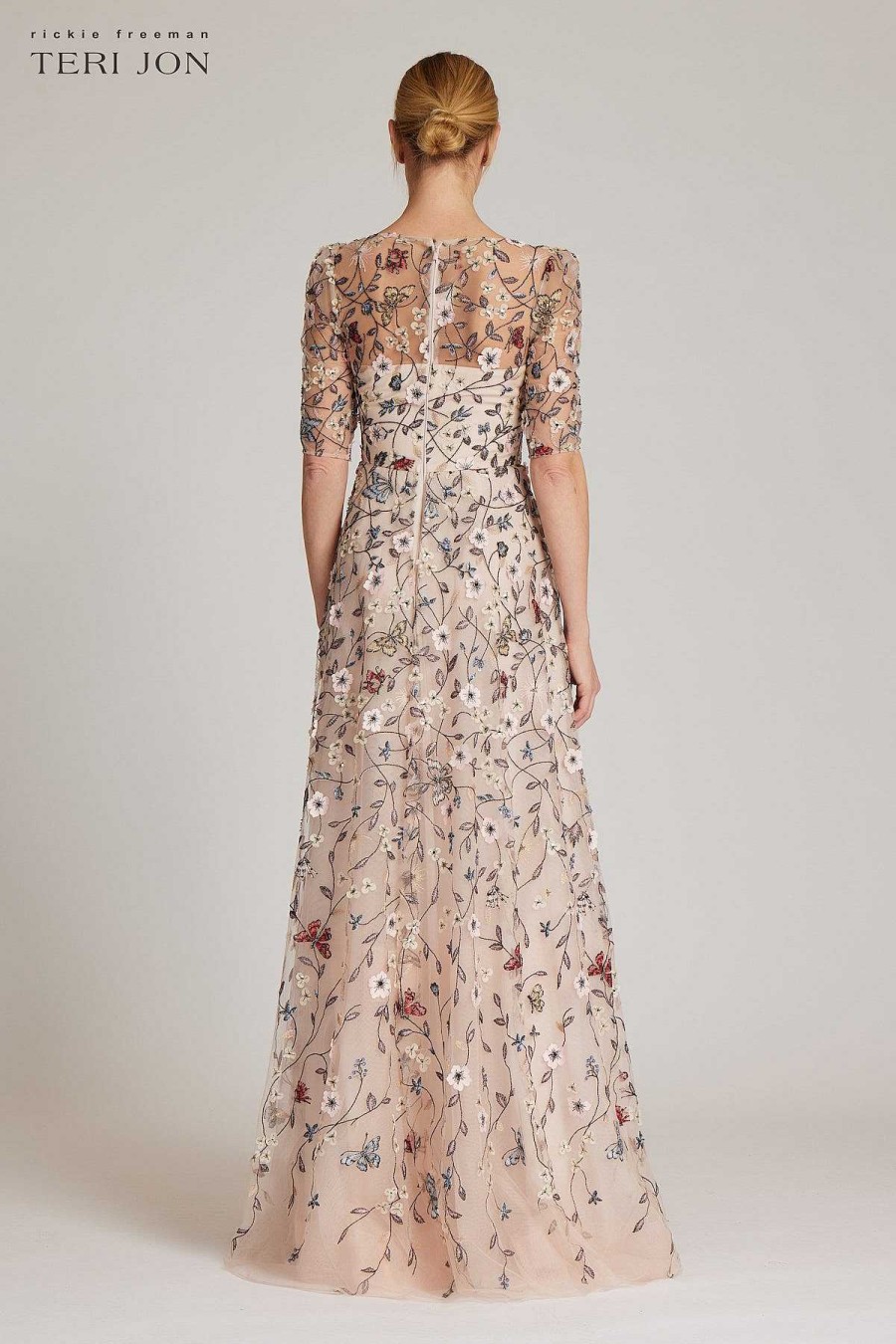 Clothing Teri Jon | Overlay Gown With 3D Embroidered Florals