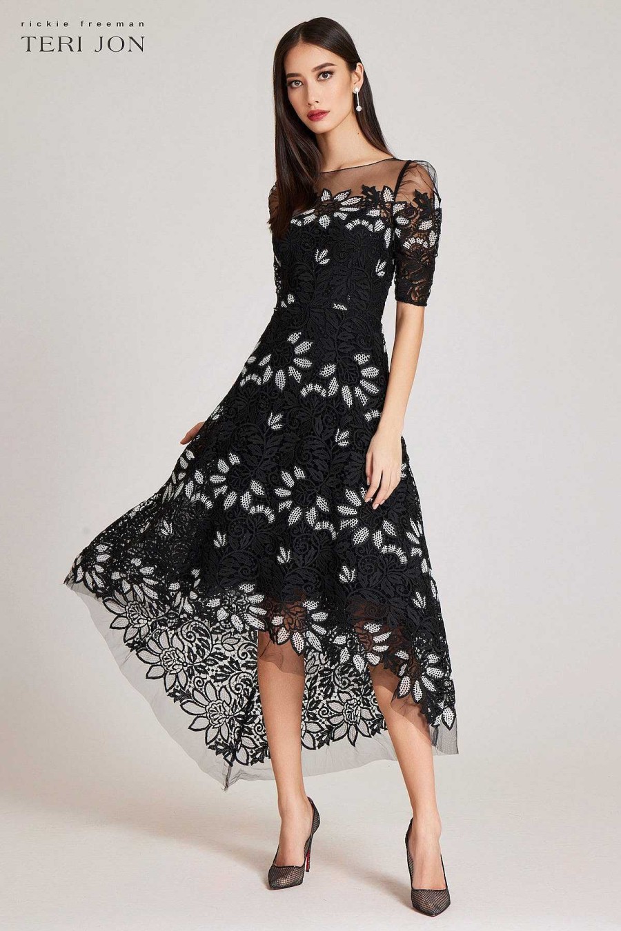 Clothing Teri Jon | Floral 2 Tone Elbow Sleeve Lace High Low Dress Black White