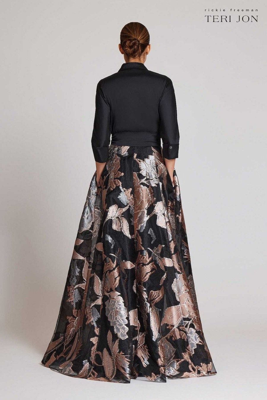 Clothing Teri Jon | Taffeta And Large Floral Metallic Jacquard Shirtdress Gown Black Multi