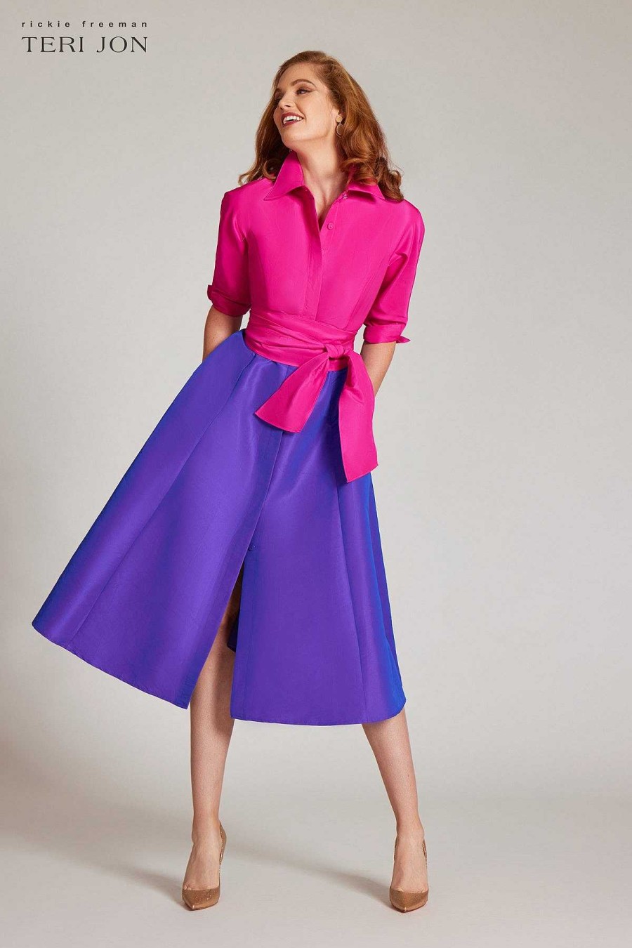 Clothing Teri Jon | Two Tone Taffeta Shirt Dress